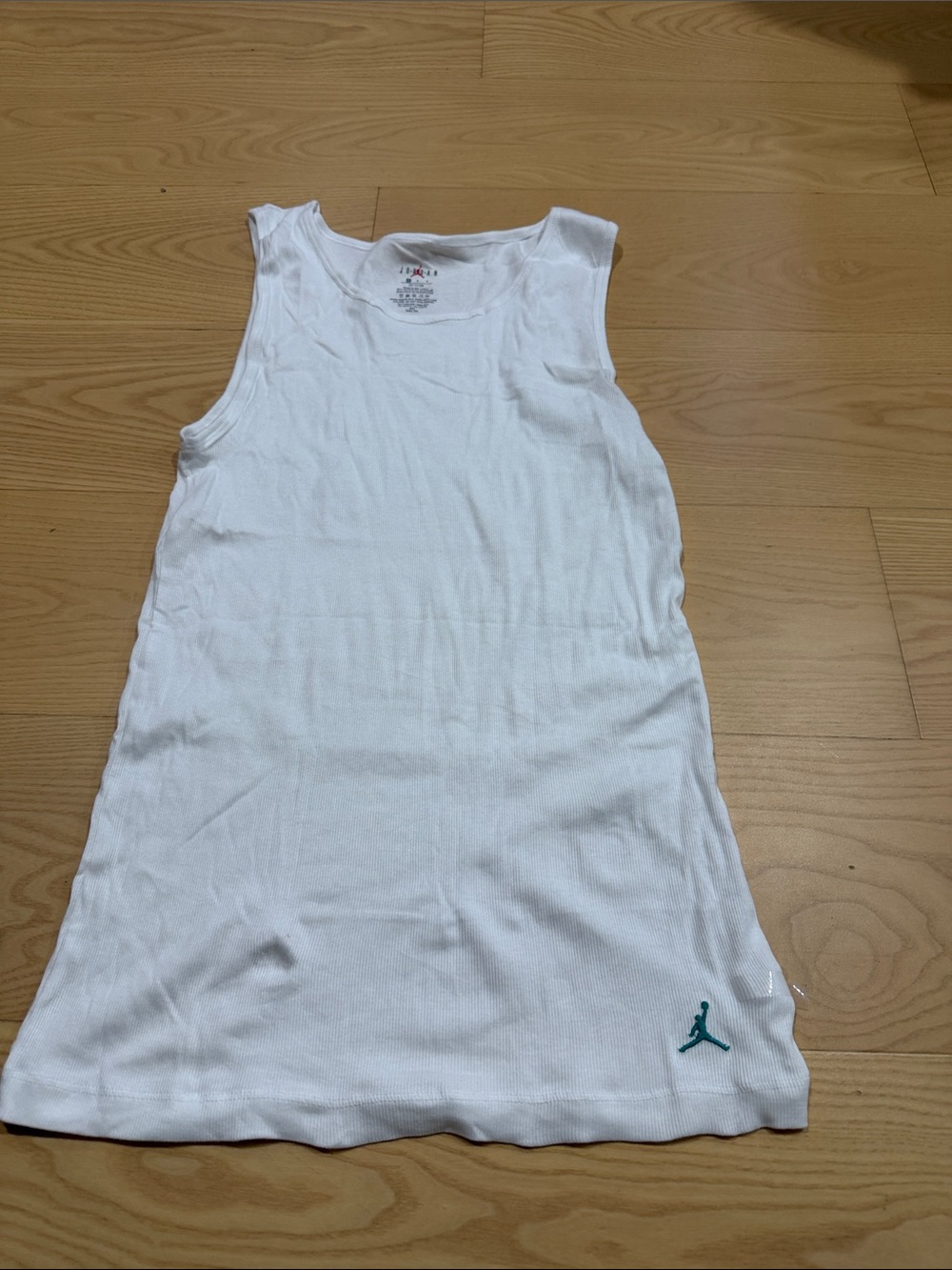 Jordan White Ribbed Tank with Teal Jumpman.Soft.